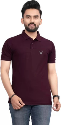 KASHIRA Solid Men Polo Neck Maroon T-Shirt