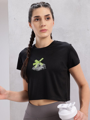 HRX by Hrithik Roshan Printed Women Round Neck Black T-Shirt