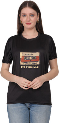 Anabia Printed Women Round Neck Black T-Shirt