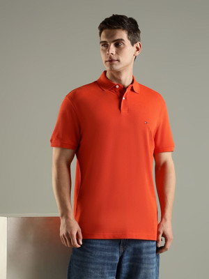 TOMMY HILFIGER Self Design Men Polo Neck Orange T-Shirt