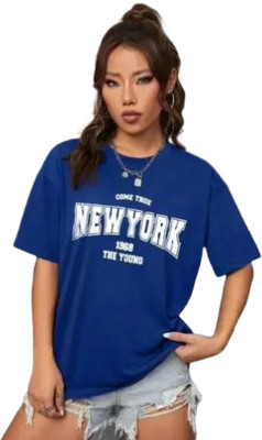 MYO Printed Women Round Neck Blue T-Shirt