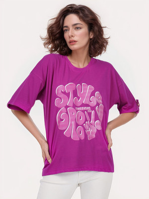BlueFicus Printed Women Round Neck Purple T-Shirt