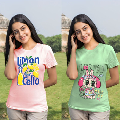 Kintu Parantu Printed Women Round Neck Pink, Green T-Shirt