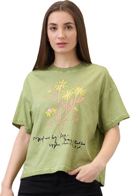 Spykar Printed Women Round Neck Green T-Shirt