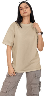 LIVE BINDAS Self Design Women Round Neck Beige T-Shirt