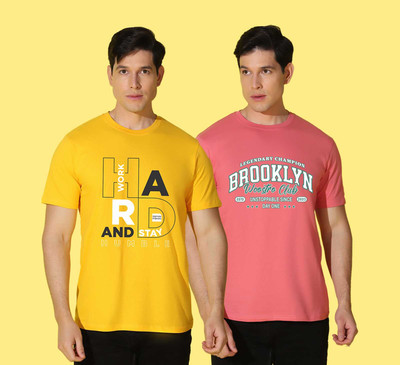 WOOSTRO Typography Men Round Neck Yellow, Pink T-Shirt
