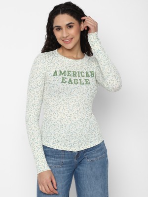 American Eagle Outfitters Typography Women Round Neck Green T-Shirt