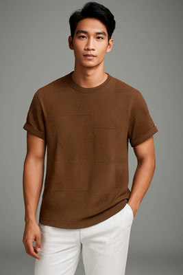 Leriya Fashion Solid Men Round Neck Brown T-Shirt