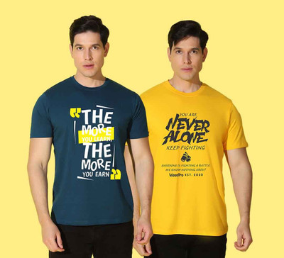 WOOSTRO Printed Men Round Neck Blue, Yellow T-Shirt