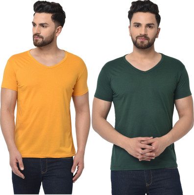 Tresna Trending Solid Men V Neck Dark Green, Yellow T-Shirt