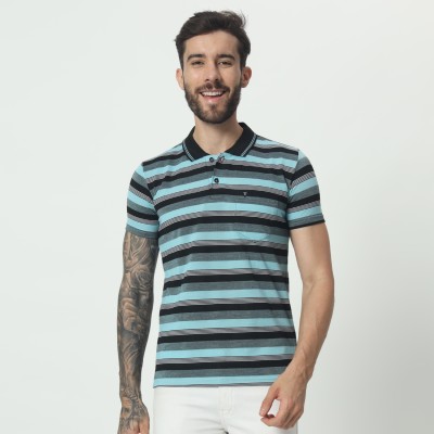 TAB91 Striped Men Polo Neck Blue T-Shirt