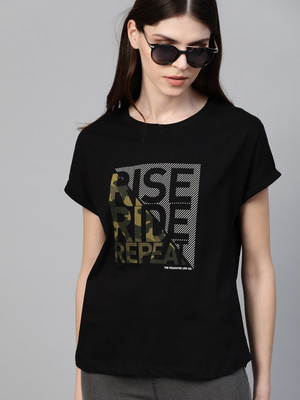 Patche Typography Women Round Neck Black T-Shirt