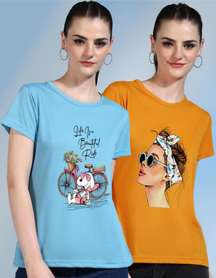 METRONAUT Printed Women Round Neck Light Blue, Yellow T-Shirt