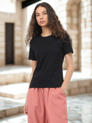 NOBERO Solid Women Crew Neck Black T-Shirt