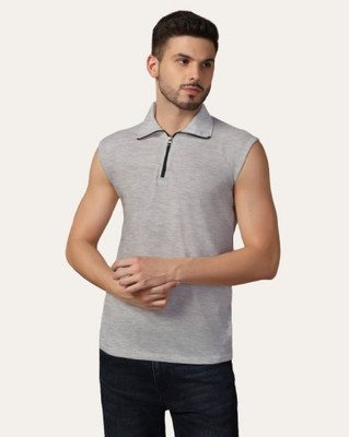 Trendfull Solid Men Polo Neck Grey T-Shirt