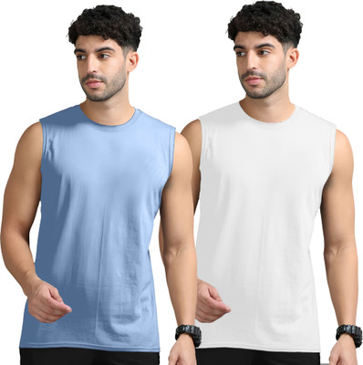Adorbs Solid Men Round Neck Blue, White T-Shirt