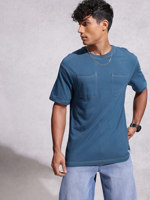 WROGN Solid Men Round Neck Blue T-Shirt