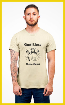 Streetfluencer Printed Men Round Neck Beige T-Shirt