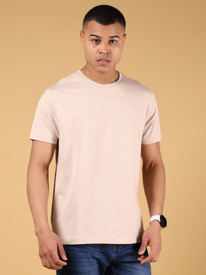 V-MART Solid Men Round Neck Beige T-Shirt