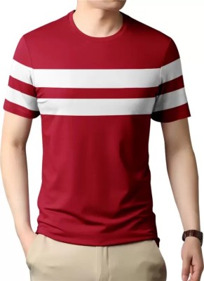 FIRST POSTION Striped Men Round Neck Maroon T-Shirt