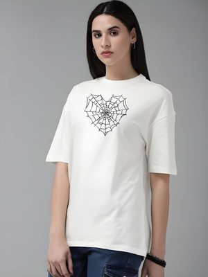 Kaido Printed Women Round Neck White T-Shirt