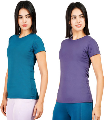 Kyk Solid Women Round Neck Dark Blue, Purple T-Shirt