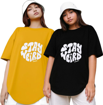 Xsware Printed Women Round Neck Yellow, Black T-Shirt