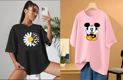 RAPTUROUS Printed Women Round Neck Black, Pink T-Shirt