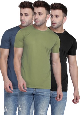 TQH Solid Men Round Neck Light Green, Grey, Black T-Shirt