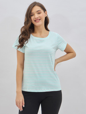 Clovia Striped Women Round Neck White T-Shirt