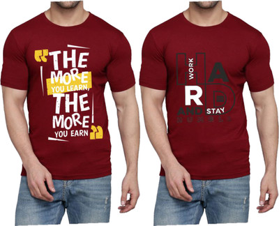 WOOSTRO Printed Men Round Neck Maroon T-Shirt