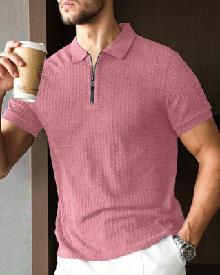 AUSK Self Design Men Polo Neck Pink T-Shirt