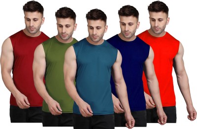 UDI n ADI Solid Men Round Neck Dark Green, Maroon, Navy Blue, Red T-Shirt