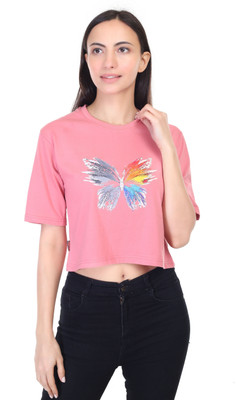 ROYAL LIYO Printed Women Round Neck Pink T-Shirt