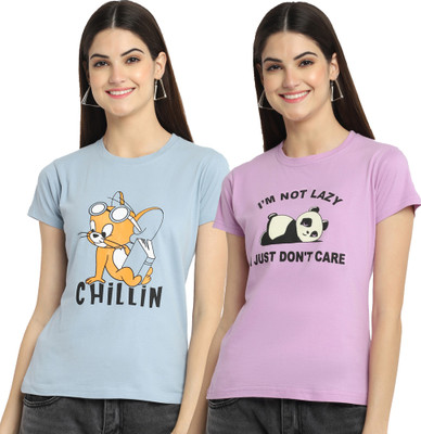 Fabflee Printed Women Round Neck Light Blue, Pink T-Shirt
