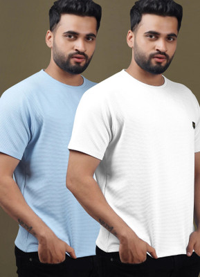 Yazole Solid Men Round Neck Light Blue, White T-Shirt