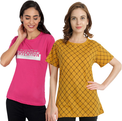 CHOZI Printed Women Round Neck Pink, Yellow T-Shirt