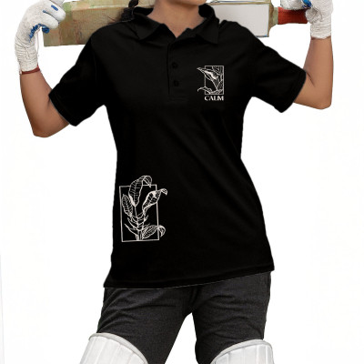 Fighterhero Graphic Print Women Polo Neck Black T-Shirt