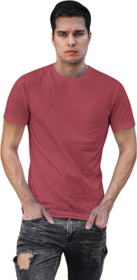 Beans Collection Solid Men Round Neck Maroon T-Shirt