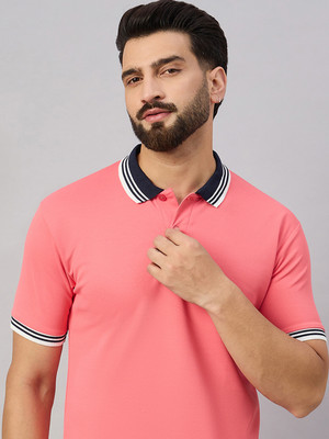 Merriment Striped Men Polo Neck Pink T-Shirt