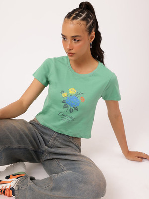 Dressberry Printed Women Round Neck Green T-Shirt
