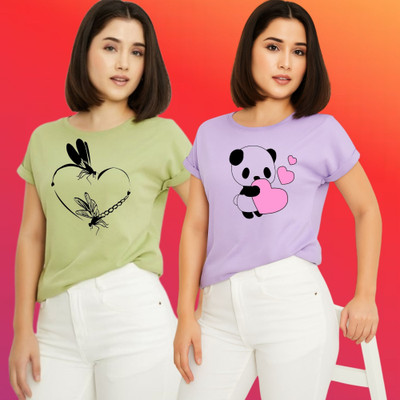 Parona Printed Women Round Neck Green, Purple T-Shirt