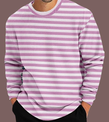 TELOXY Striped Men Round Neck Pink, White T-Shirt