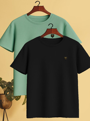 Yazole Solid Men Round Neck Black, Light Green T-Shirt
