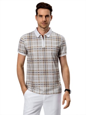 TAGDO Checkered Men Polo Neck White T-Shirt