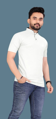 rggarment Solid Men Mandarin Collar Blue T-Shirt