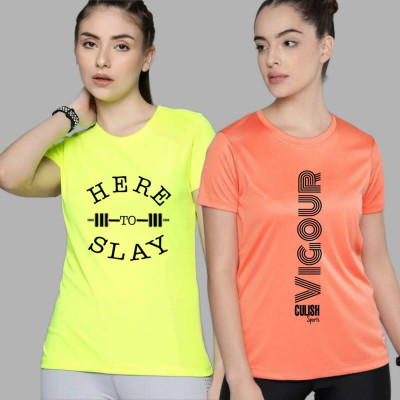 SPOWEARY Printed Women Round Neck Orange, Light Green T-Shirt
