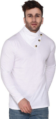 GEUM Solid Men High Neck White T-Shirt