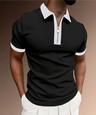 Try This Striped Men Zip Neck Black T-Shirt