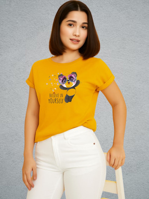 Kintu Parantu Printed Women Round Neck Yellow T-Shirt